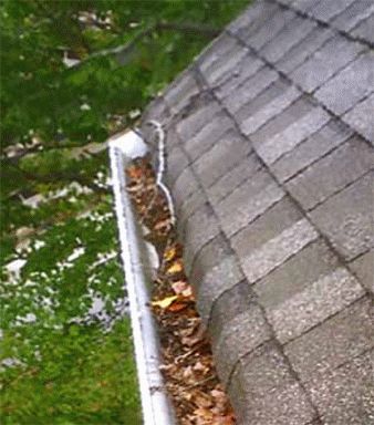 leaves in clogged gutter